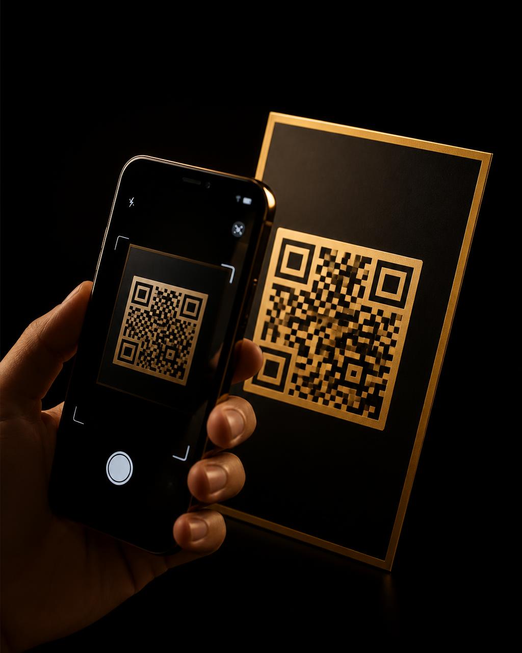 A hand holding a smartphone scanning a printed card with a gold QR code